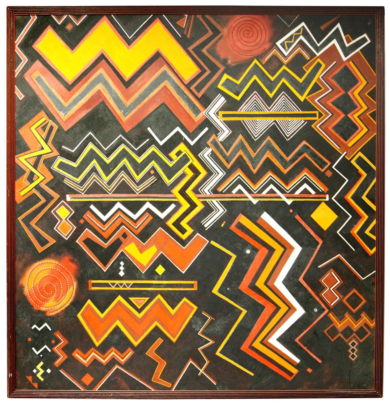 Angular zigzag bands in yellow, orange, cream and white banked across a near-black ground, with two concentric spiral motifs set diagonally apart, in a dark timber frame