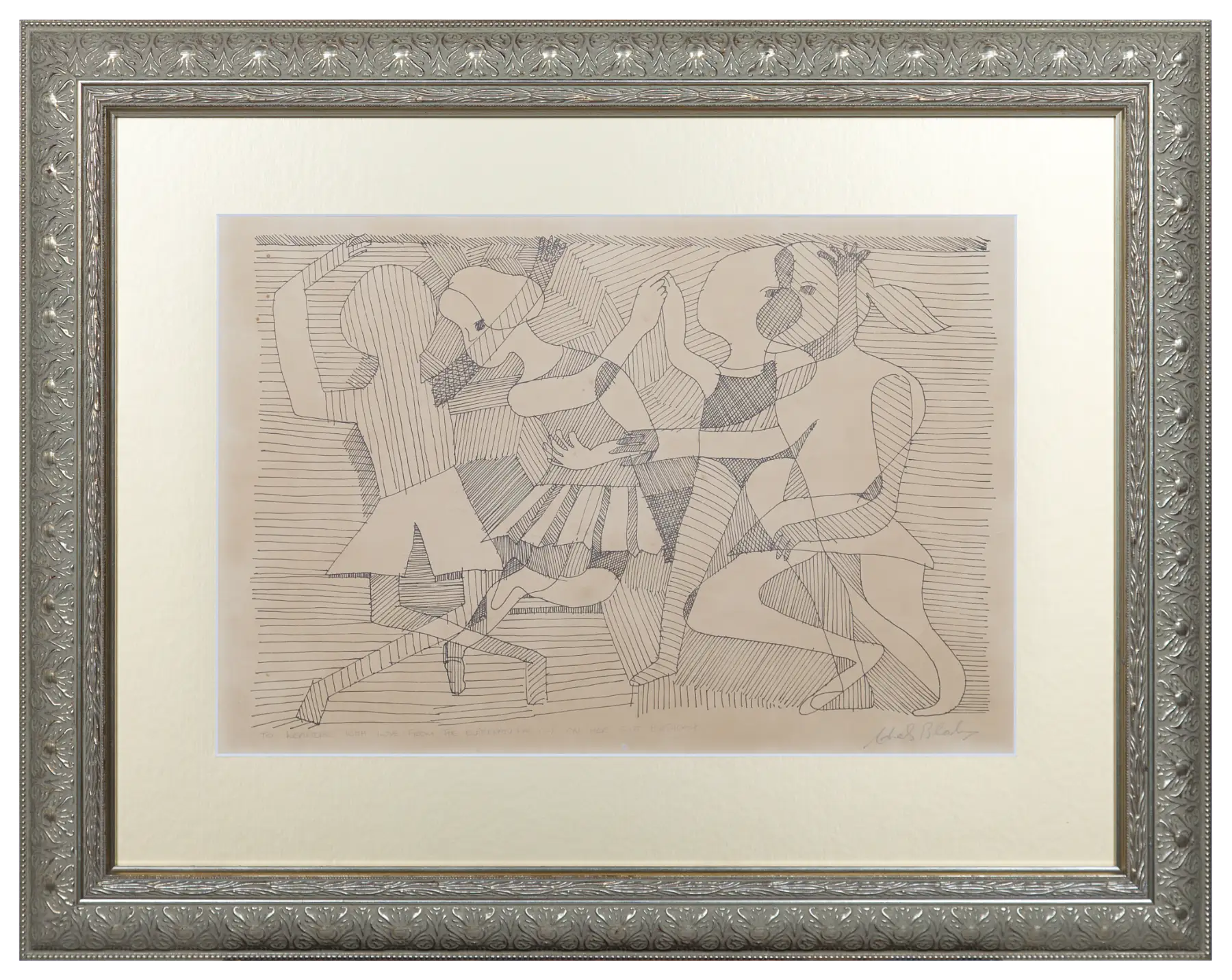 A line print of several figures built from fine parallel hatching, framed behind glass in an ornate silver moulding