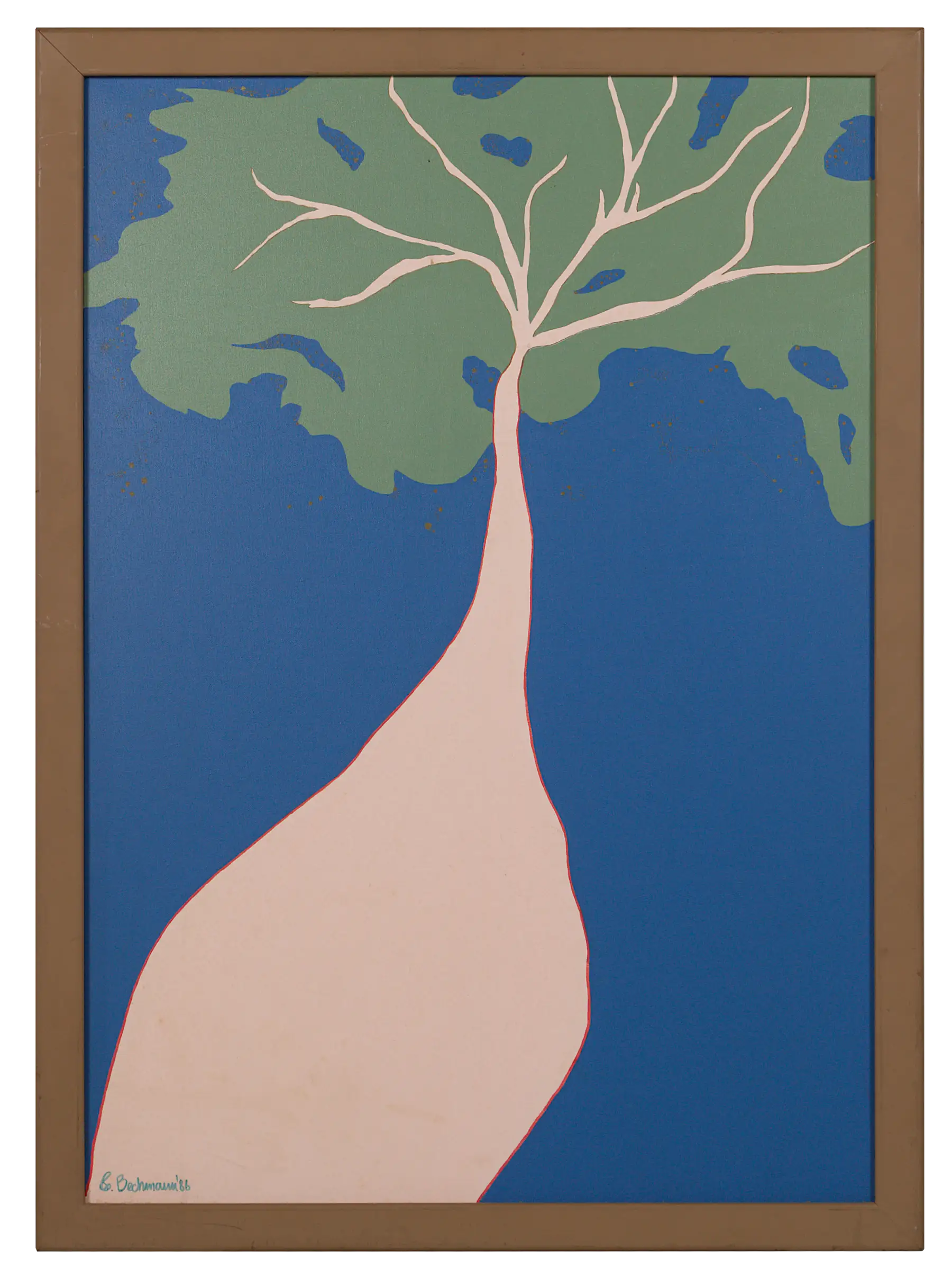 A bottle tree with a swollen pale trunk outlined in red rising into a flat green canopy against a blue ground, in a plain timber frame