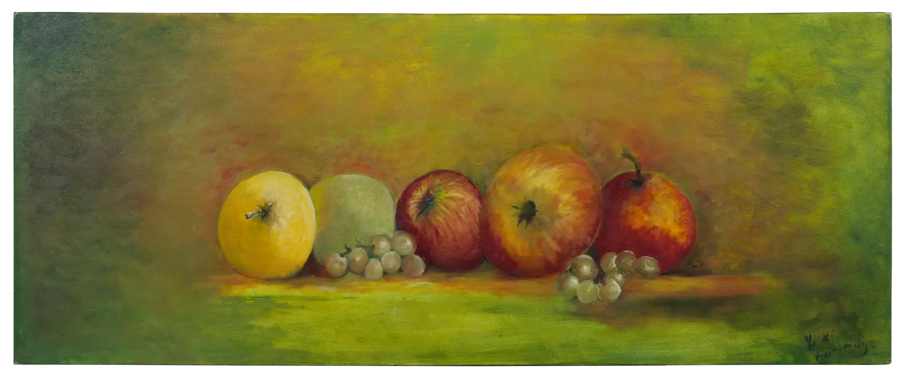 A wide horizontal still life of apples, a quince and bunches of grapes on an olive-green ground