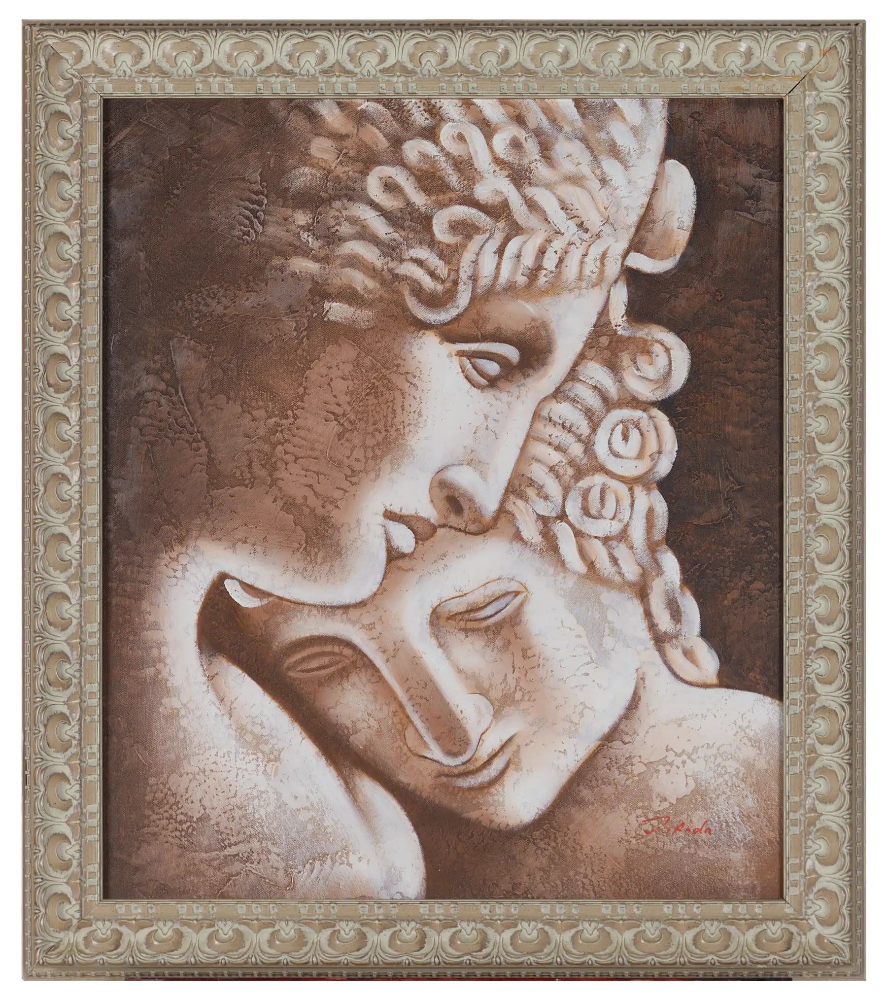 Two stylised classical faces in profile, one resting against the other, worked in cream and brown relief-like texture